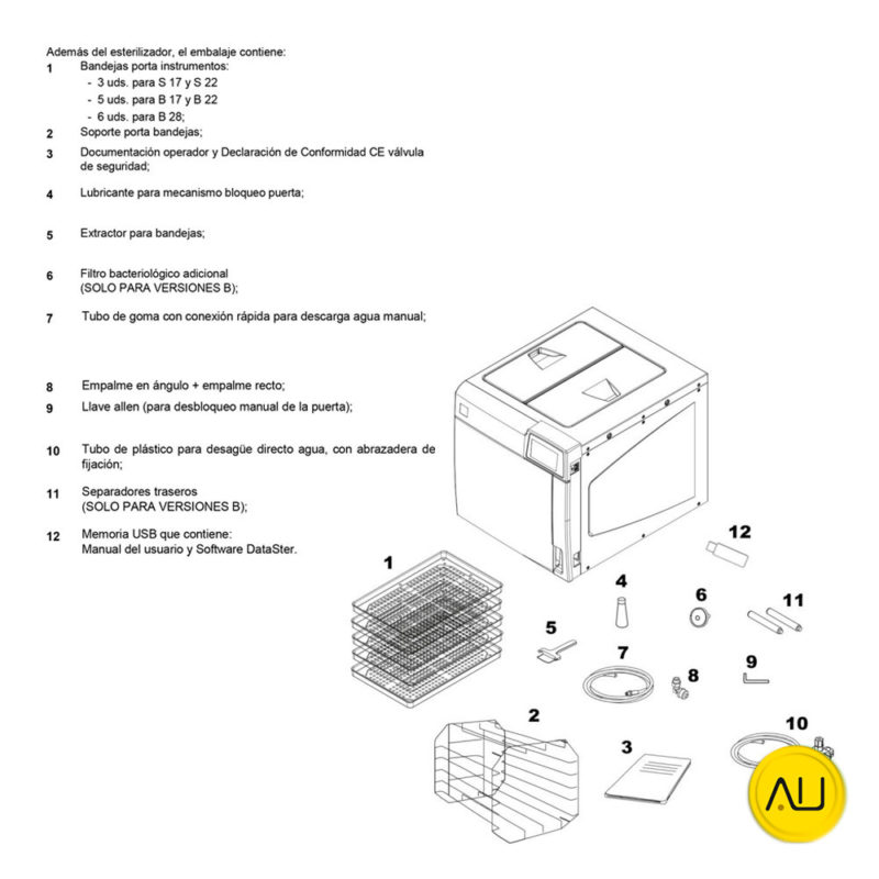 Contenido paquete autoclave Mocom B Classic 2022 17, 22 y 28 litros en venta para comprar en la tienda de autoclav.es