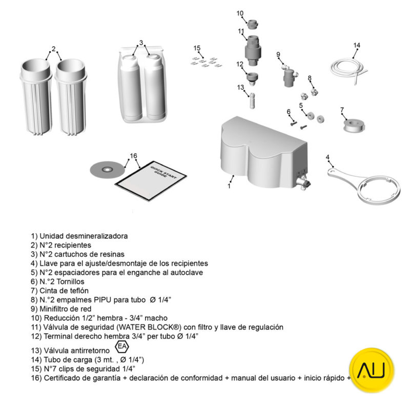 Contenido paquuete desmineralizador de agua Mocom Pure 100 en venta para comprar en la tienda de autoclav.es