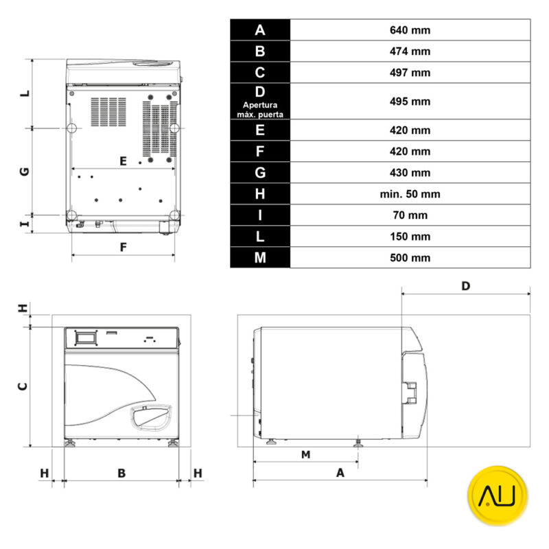 Plano medidas autoclave Tecno-Gaz Onyx 6 en venta para comprar en la tienda de Autoclav.es