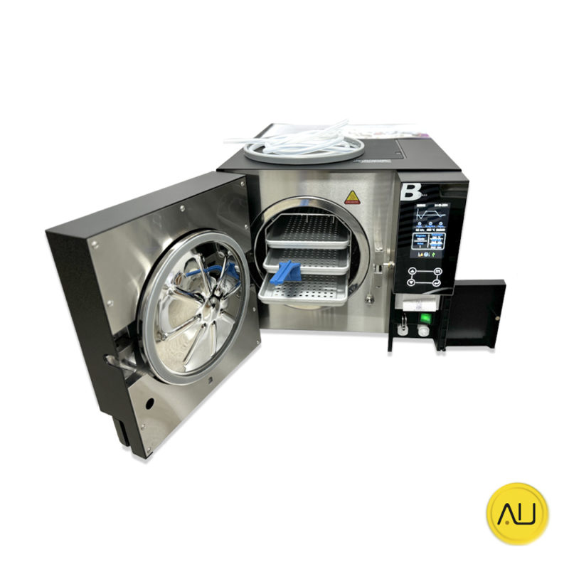 Frontal puerta abierta bandejas y dotación autoclave IcanClave D Pro 12 Black Negro en venta para comprar en la tienda de autoclav.es