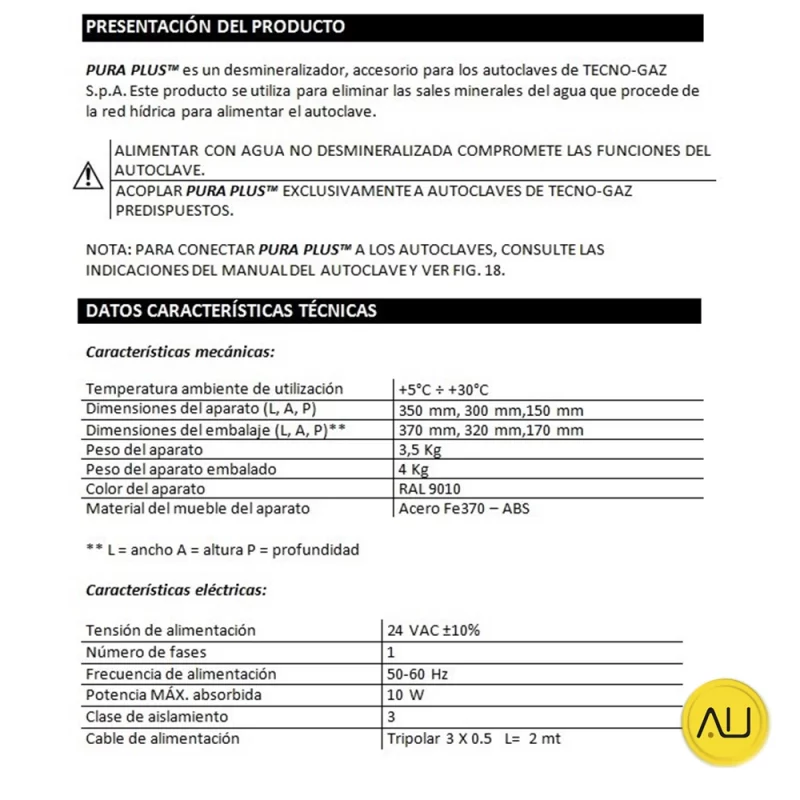 Datos técnicos tratamiento de agua Pura Plus de Tecno-Gaz en venta para comprar en la tienda de autoclav.es